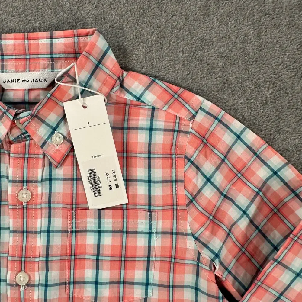 Janie and Jack Button Front Shirt Boys Size 4 Pink Plaid Cotton Long Sleeve